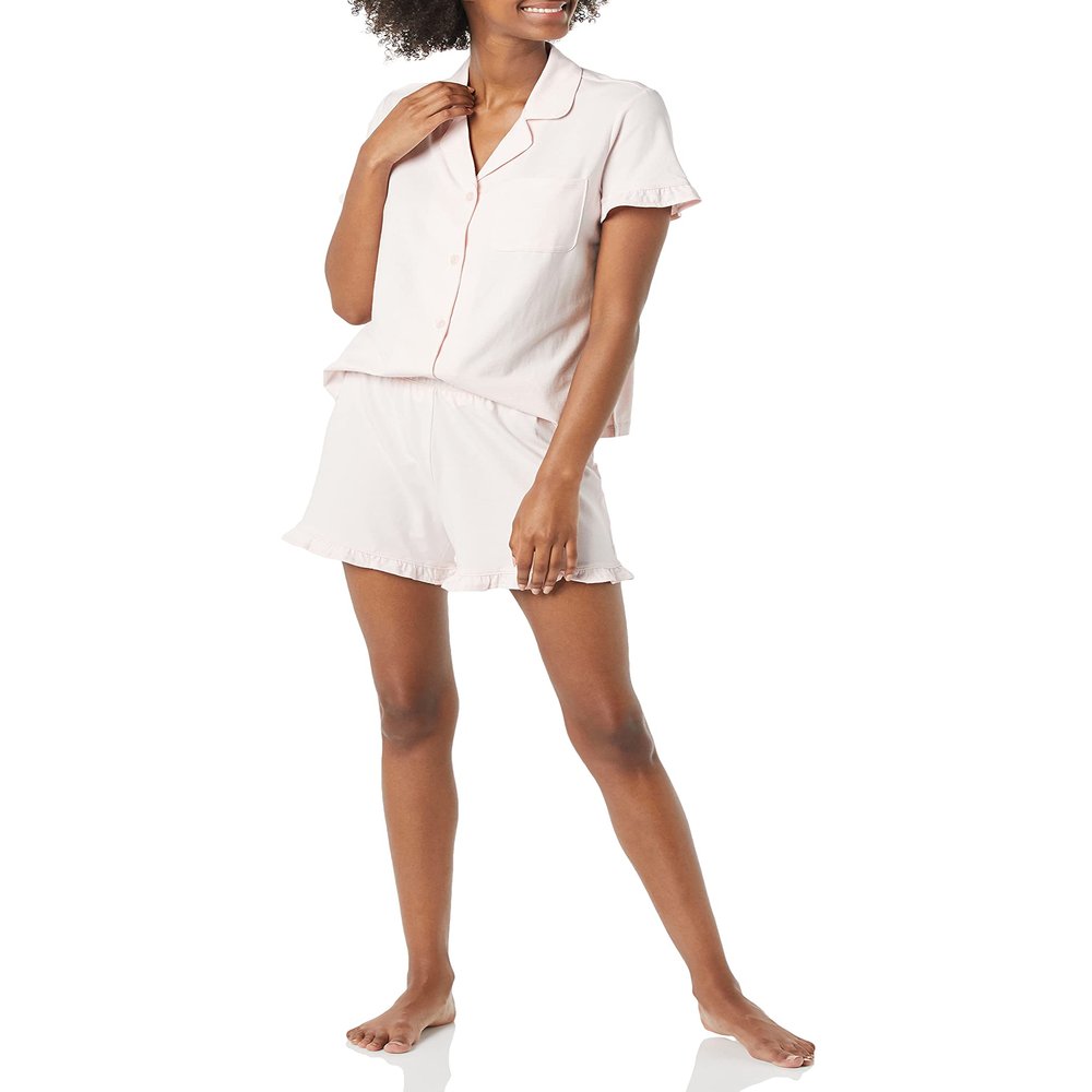 Amazon Essentials Women's Cotton Modal Piped Notch Collar Pajama Set, Comfortable Loungewear (Available in Plus Size), Pale Pink, Small