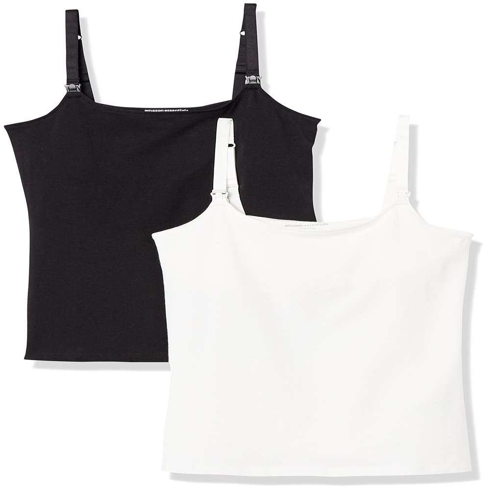 Amazon Essentials Women's Maternity Nursing Friendly Camisole with Adjustable Straps and Built-in Shelf Bra, Pack of 2, Black/White, Small