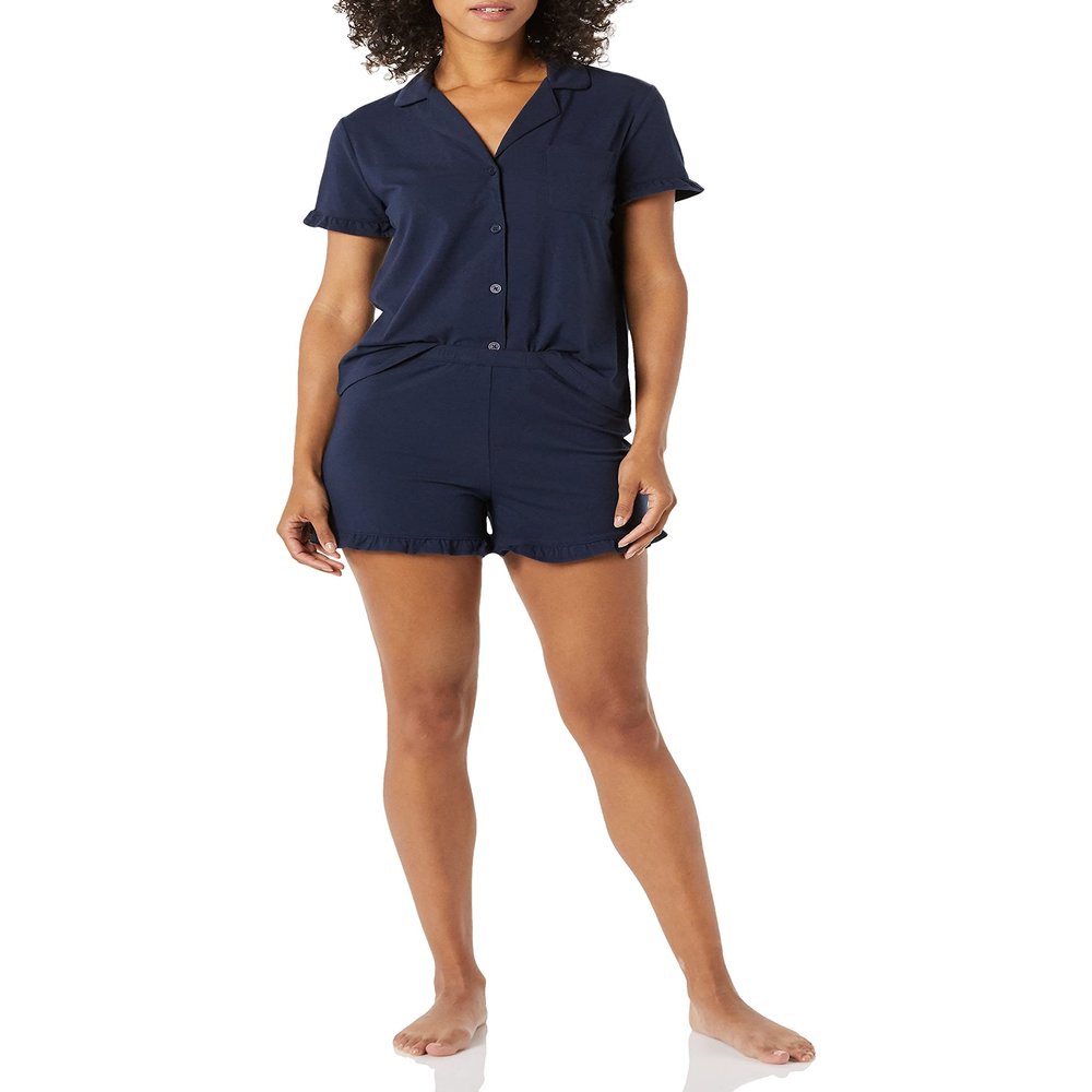 Amazon Essentials Women's Cotton Modal Piped Notch Collar Pajama Set, Comfortable Loungewear (Available in Plus Size), Navy, X-Large