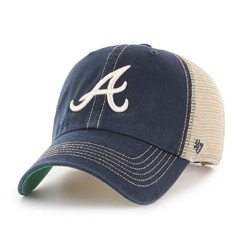 47 MLB Trawler Primary Logo Team Color Mesh Trucker Clean Up Adjustable Hat, Adult One Size Fits All - Atlanta Braves Navy
