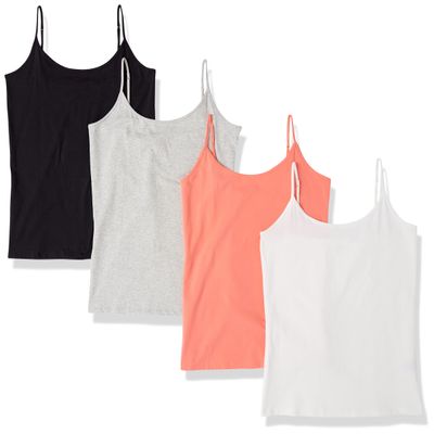 Amazon Essentials Women's Slim-Fit Camisole, Pack of 4, Coral Orange/Light Grey Heather/White, Medium