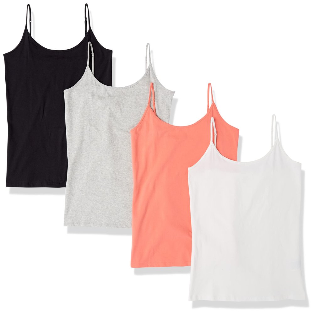 Amazon Essentials Women's Slim-Fit Camisole, Pack of 4, Coral Orange/Light Grey Heather/White, Medium