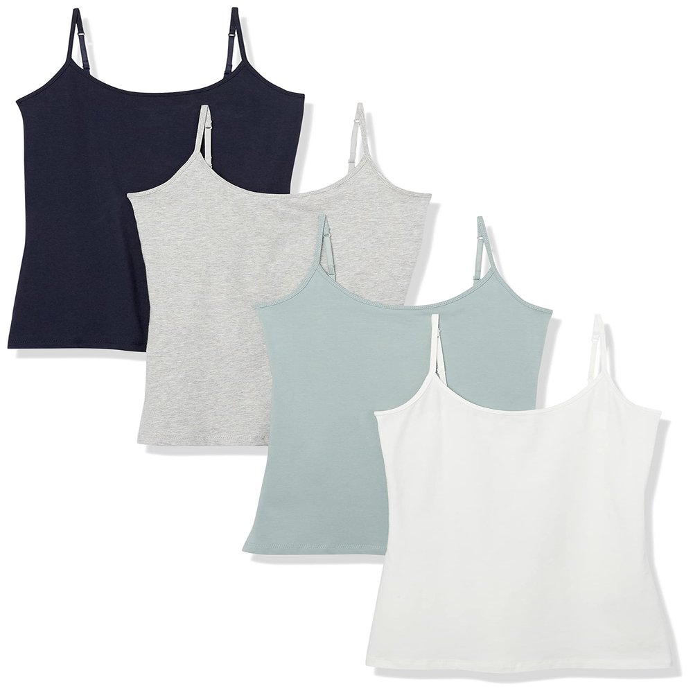 Amazon Essentials Women's Slim-Fit Camisole, Pack of 4, Grey/Navy/Turquoise Green/White, Small