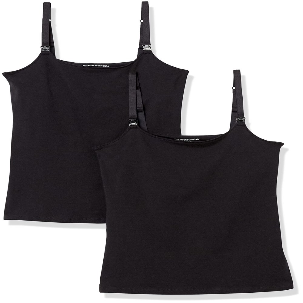Amazon Essentials Women's Maternity Nursing Tops, Pregnancy Clothes with Adjustable Straps and Built-in Shelf Bra, Pack of 2, Black, X-Small