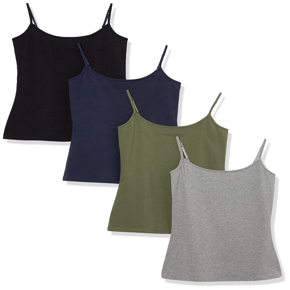 Amazon Essentials Women's Slim-Fit Camisole, Pack of 4, Black/Grey/Navy/Olive, Small