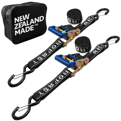 REAR TRANSOM BOAT TRAILER STRAPS RATCHET TIE DOWNS STRAP, Made in NZ - 1.5" x 4 Heavy Duty Rear Transom with PVC Hooks For Trailered Boats, Pontoons & Jetskis - 3,300lbs Break Strength - (Pair) Black