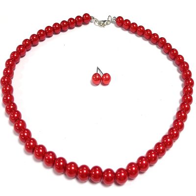Caiyao Handmade Round Smooth Simulated Multicolor Pearl Beads Chain Necklace and Drop Dangle Earrings Set Bridal Wedding Festival Minimalist Jewelry for Women-red