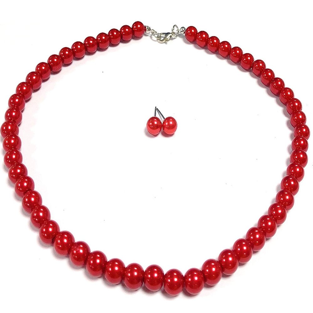 Caiyao Handmade Round Smooth Simulated Multicolor Pearl Beads Chain Necklace and Drop Dangle Earrings Set Bridal Wedding Festival Minimalist Jewelry for Women-red