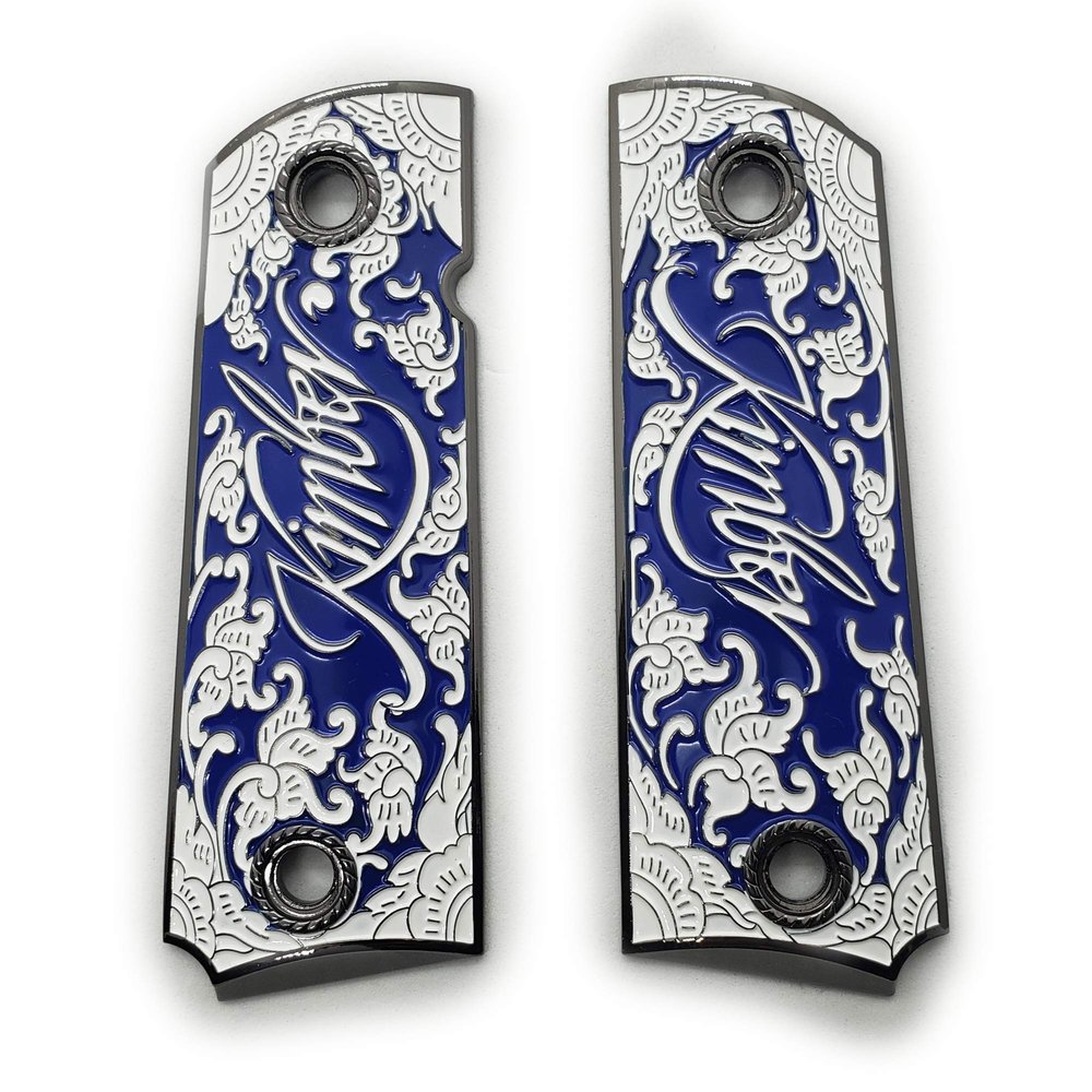 1911 Metal Grips, Gun Grips Screws Included, Full Size (Government/Commander), Scroll Black W Blue Enamel, Ambi Safety Cut