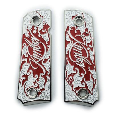 1911 Grips, Gun Grips Screws Included, Full Size (Government/Commander), Scroll Nickel W Red Enamel, Ambi Safety Cut