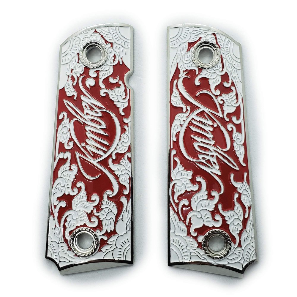 1911 Grips, Gun Grips Screws Included, Full Size (Government/Commander), Scroll Nickel W Red Enamel, Ambi Safety Cut