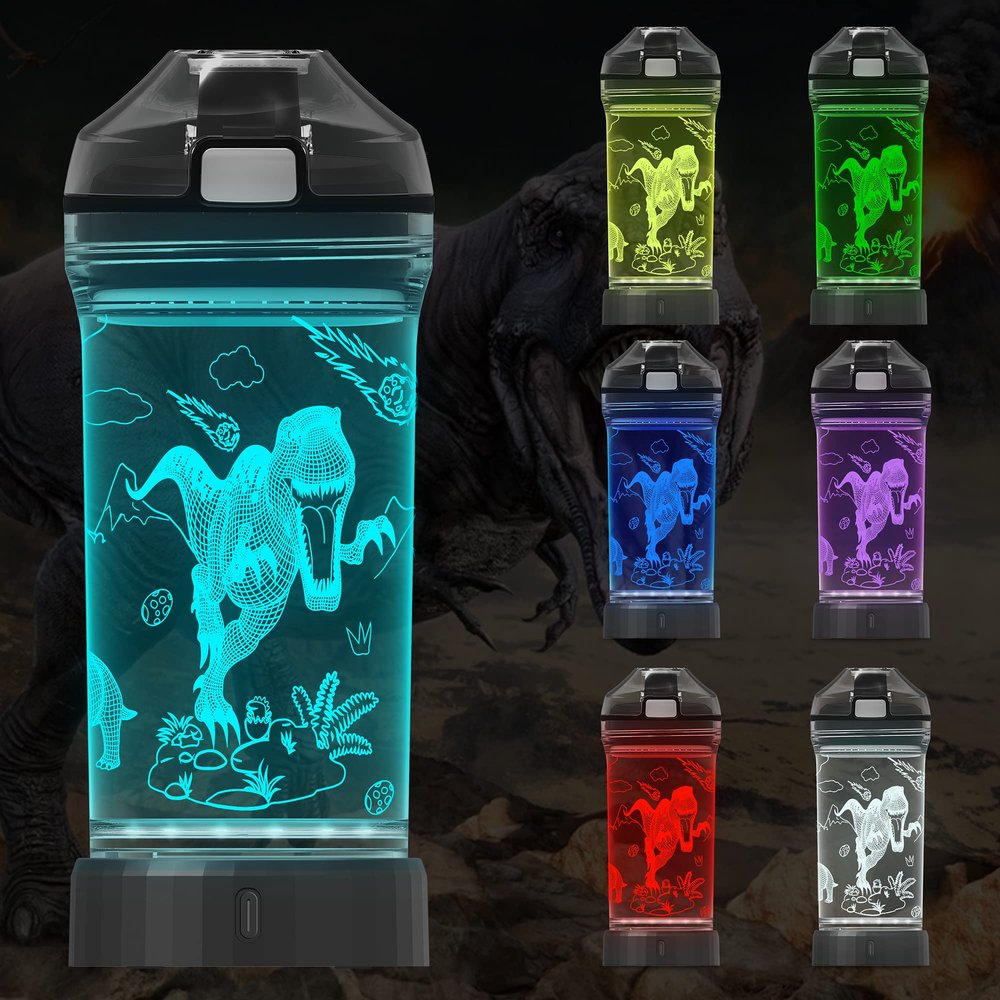 Attivolife Kids Water Bottle Light up Dinosaur, Jurassic Cup 3D Illusion Glowing Lamp-14 OZ Dino BPA Free Eco-Friendly Timer Function, Cool Unique Gifts for Boy Girl Toddler Camping