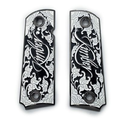 1911 Metal Grips, Gun Grips Screws Included, Full Size (Government/Commander), Scroll Black Base W Black and White Enamel, Ambi Safety Cut