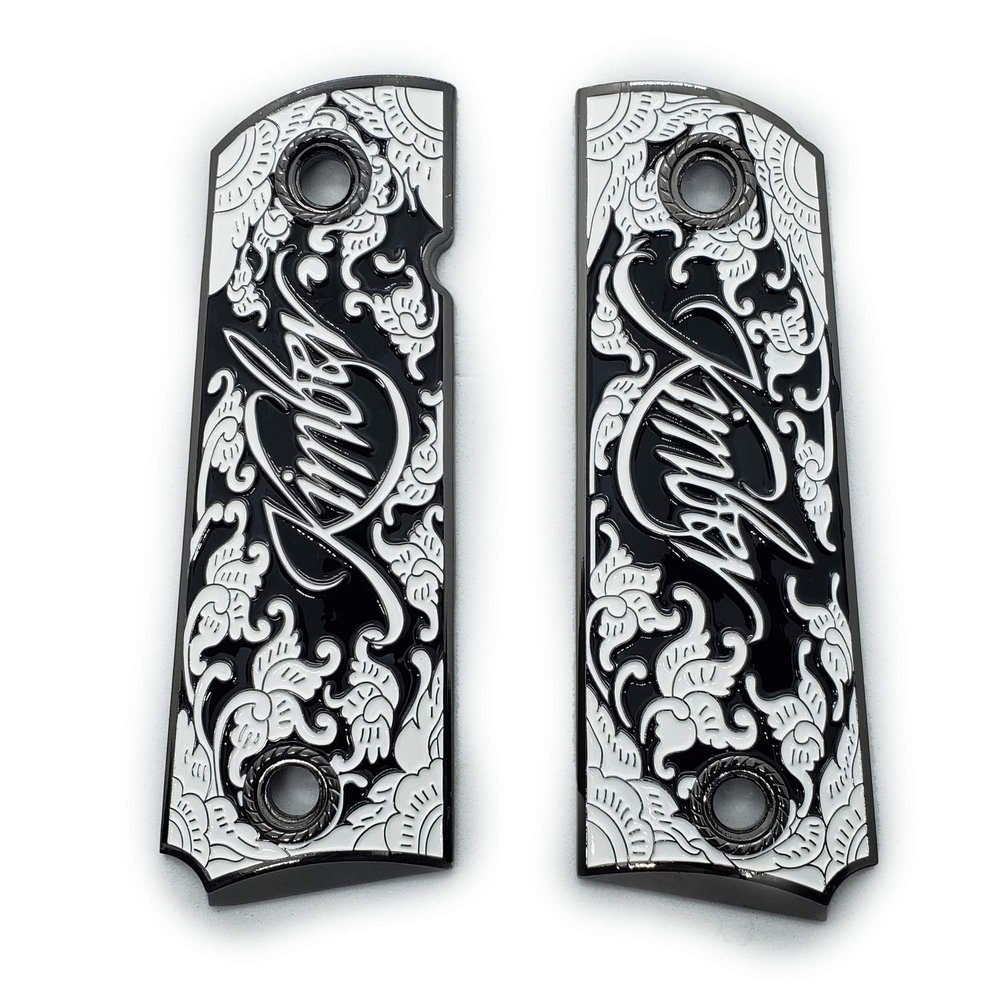 1911 Metal Grips, Gun Grips Screws Included, Full Size (Government/Commander), Scroll Black Base W Black and White Enamel, Ambi Safety Cut