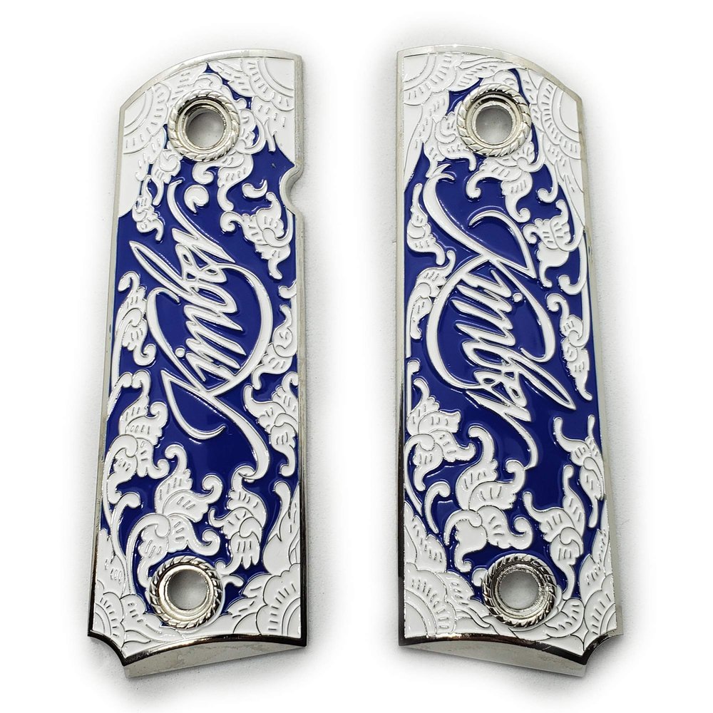 1911 Grips, Gun Grips Screws Included, Full Size (Government/Commander), Scroll Nickel W Blue Enamel, Ambi Safety Cut