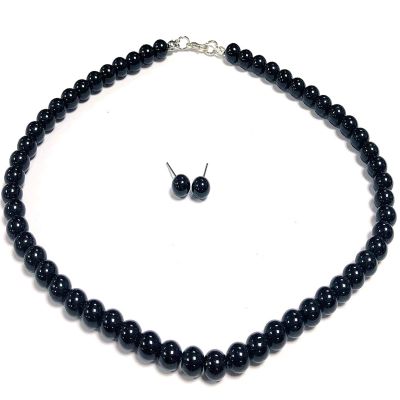 Caiyao Handmade Round Smooth Simulated Multicolor Pearl Beads Chain Necklace and Drop Dangle Earrings Set Bridal Wedding Festival Minimalist Jewelry for Women-Black