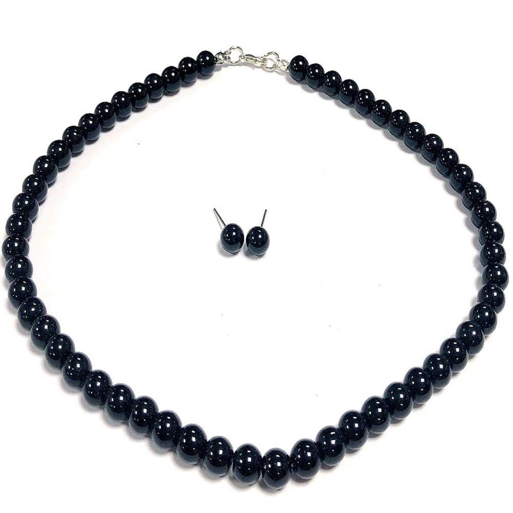 Caiyao Handmade Round Smooth Simulated Multicolor Pearl Beads Chain Necklace and Drop Dangle Earrings Set Bridal Wedding Festival Minimalist Jewelry for Women-Black