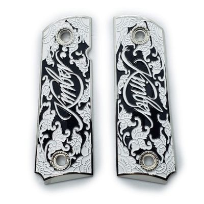 1911 Grips, Gun Grips Screws Included, Full Size (Government/Commander), Scroll Nickel W Black Enamel, Ambi Safety Cut