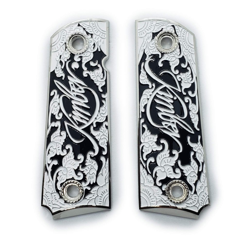 1911 Grips, Gun Grips Screws Included, Full Size (Government/Commander), Scroll Nickel W Black Enamel, Ambi Safety Cut