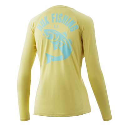 HUK Women's Standard Pursuit Long Sleeve Performance Shirt + Sun Protection, Vintage Red Fish-Canary, Small