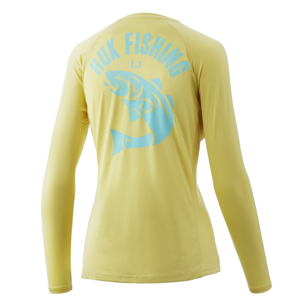 HUK Women's Standard Pursuit Long Sleeve Performance Shirt + Sun Protection, Vintage Red Fish-Canary, Small