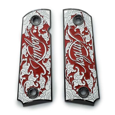 1911 Metal Grips, Gun Grips Screws Included, Full Size (Government/Commander), Scroll Black W Red Enamel, Ambi Safety Cut