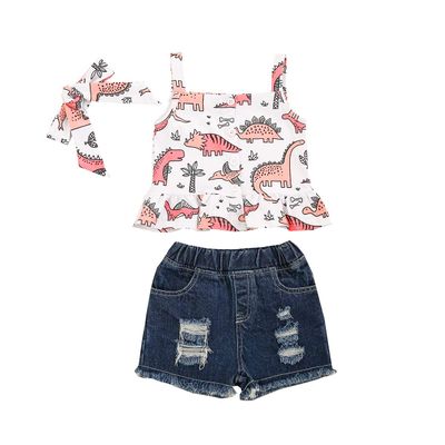 FYBITBO Toddler Baby Girls Summer Clothing Sleeveless Cami Crop Tops+Jeans Shorts 2Pcs Clothes Outfit Set (Dinosaur Top, 3-4T)