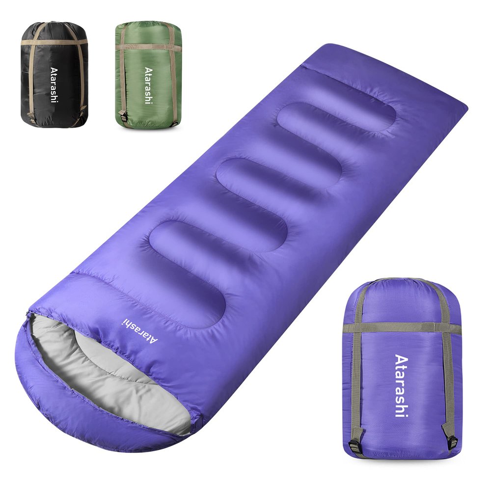 Atarashi Wide Sleeping Bags for Adults, Womens Sleeping Bags for Camping, Hiking and Outdoors, 3-4 Seasons Warm Cold Weather, Lightweight, Portable, Purple Large Size with Compression Sack, 40''X87''