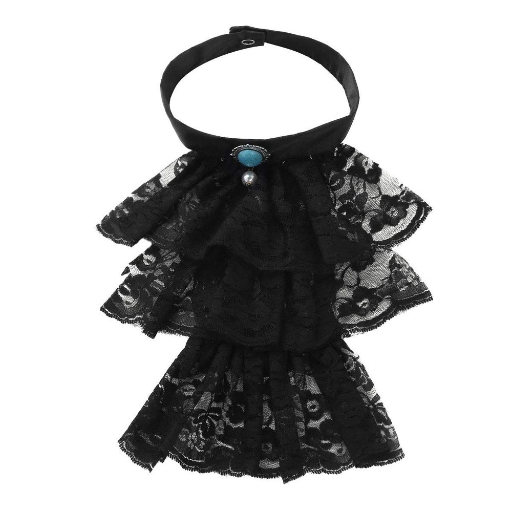 renvena Victorian Steampunk Chiffon Jabot Neck Ruff Collar Mini Cape White Colonial Cuffs Costume Accessory Black 1PCS