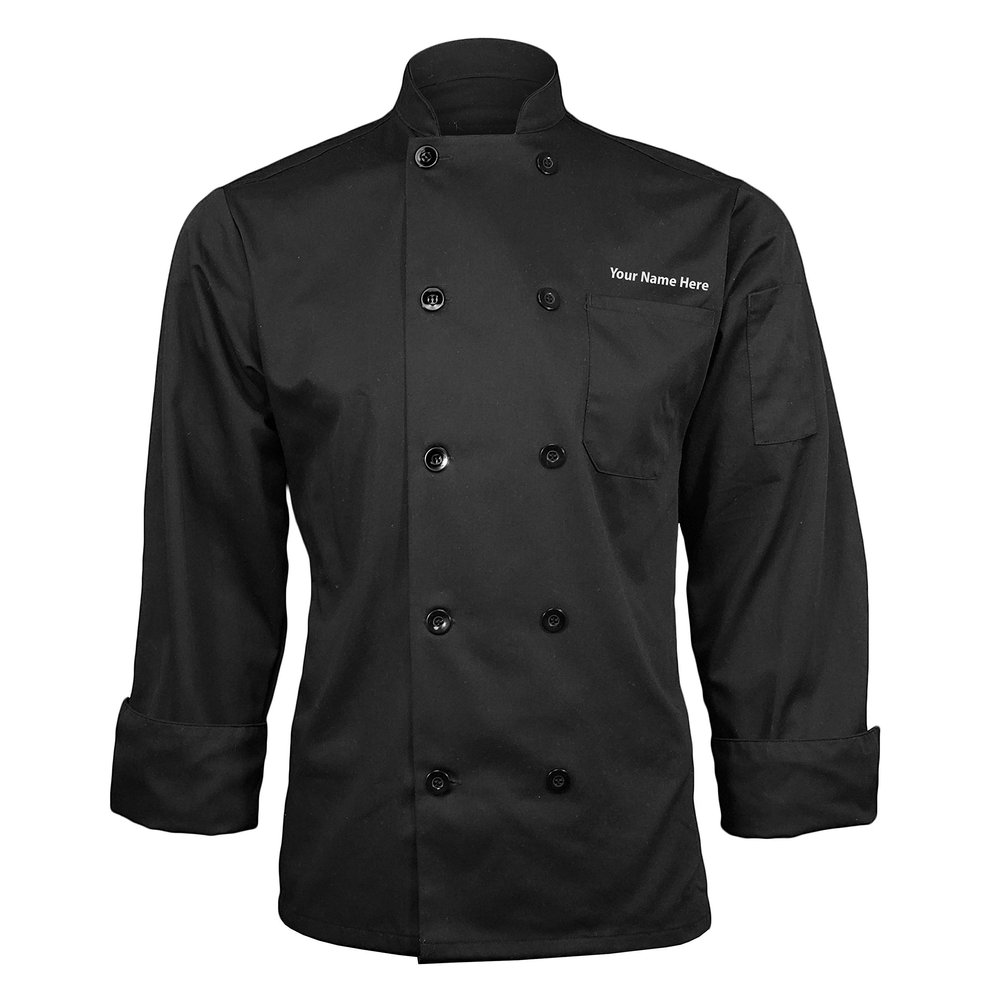 ChefsCloset Embroidered/Personalized Poplin Long Sleeve Black Chef Coat/Jacket - Unisex -Small