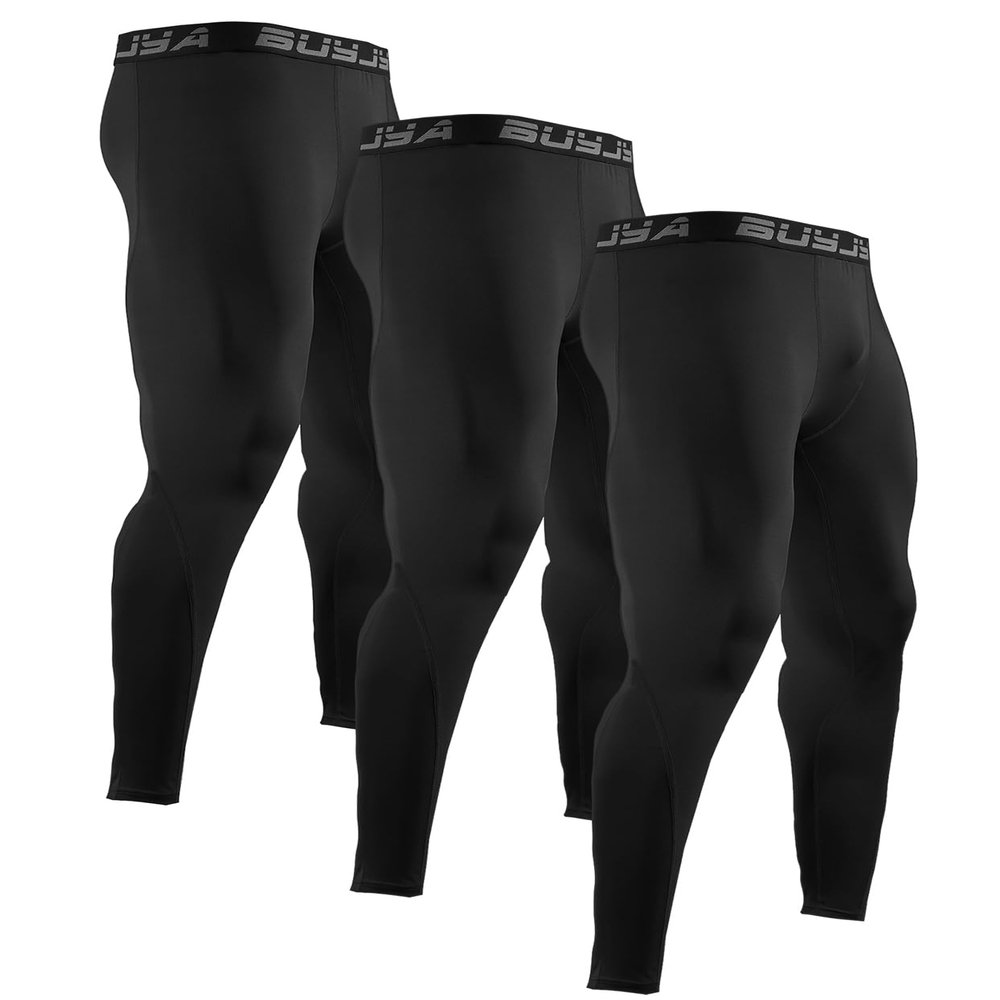 BUYJYA 3 or 5 Pack Men's Compression Pants Running Tights Workout Leggings Athletic Cool Dry Yoga Gym Clothes Gift Black-Black-Black