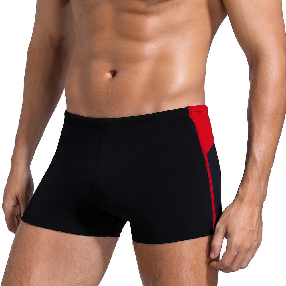 Leshang Mens Swimming Boxers Trunks Drawstring Swim Shorts Males Swimsuit for Polyester PBT Fabric Quick Drying (Black&Racing red, 32)