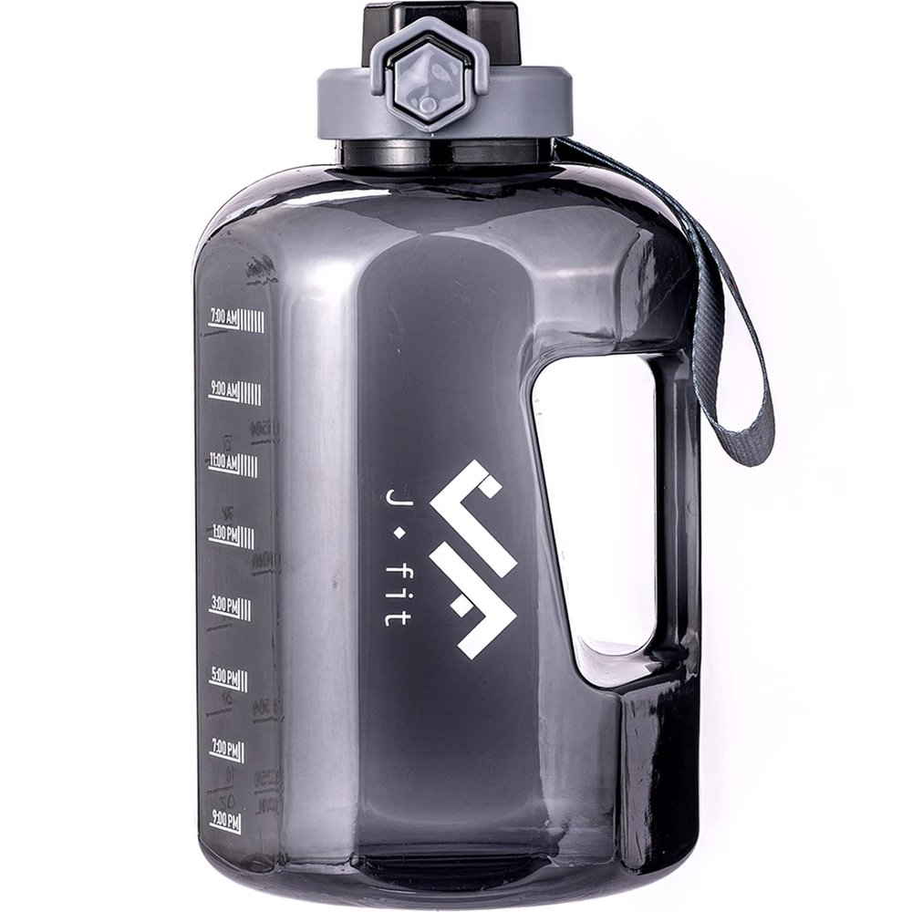 JFIT BPA Free Reusable Sports Water Bottle w/Time Markers, Leakproof Flip-Top Lid & Carry Strap Durable PETG, 2.28" Wide-Mouth for Ice Eco-Friendly, Odor-Free & Easy to Clean -Black-73oz