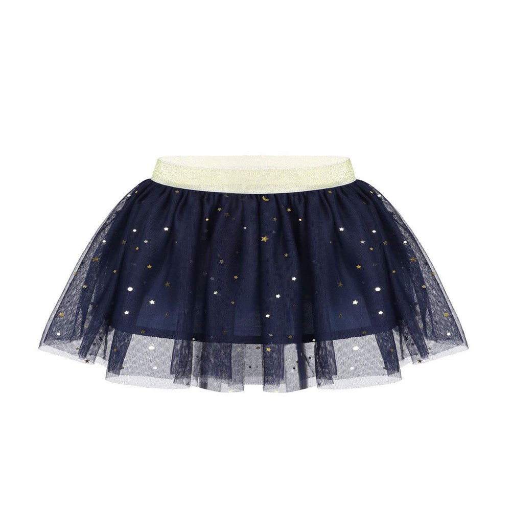 ACSUSS Toddlers Little Girls Sparkle Tulle Tutu Skirt with Sequins Stars Moon Sun Patterns for Ballte Dance Navy Blue 2-3
