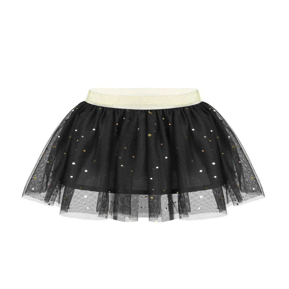 ACSUSS Toddlers Little Girls Sparkle Tulle Tutu Skirt with Sequins Stars Moon Sun Patterns for Ballte Dance Black 3-4
