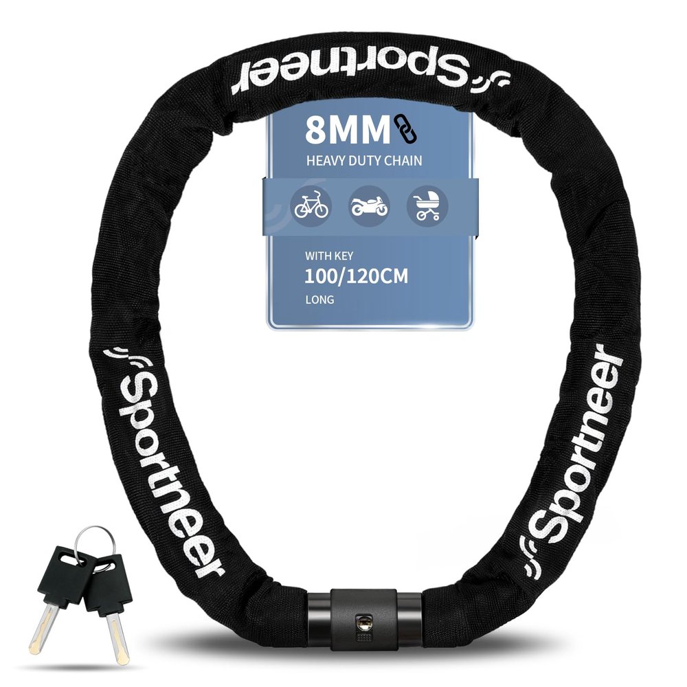 Sportneer Bike Lock: 8mm Thick High Security Anti Theft Bike Chain Lock with 2 Keys- 3.2/4ft Long Heavy Duty Anti-Cut Bicycle Lock for Bike, Motorcycle, Bicycle, Door, Gate, Fence, Grill