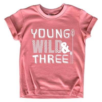 Young Wild and Three Girl 3rd Birthday Outfit Toddler Shirt 3 Year Old Girls Third Party Tshirt (US, Age, 4 Years, Mauve)