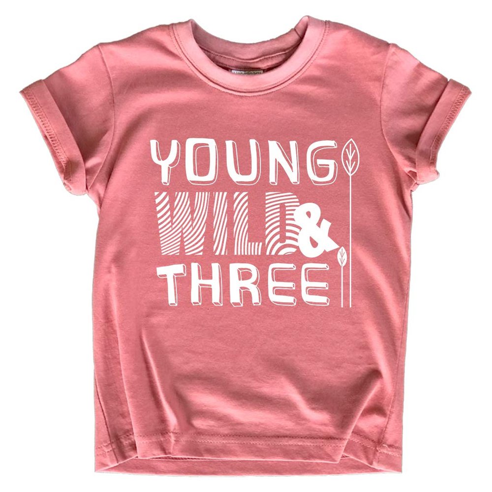 Young Wild and Three Girl 3rd Birthday Outfit Toddler Shirt 3 Year Old Girls Third Party Tshirt (US, Age, 4 Years, Mauve)