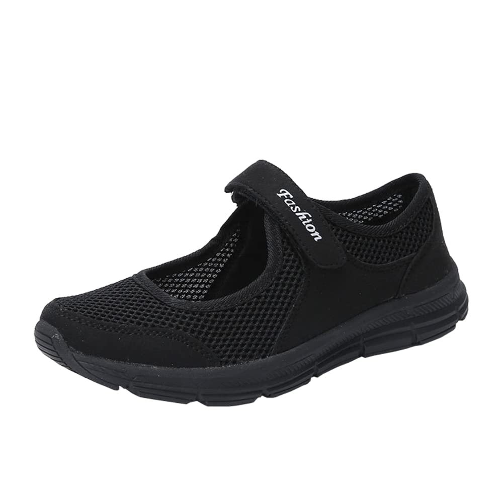 missfiona Womens Mary Jane Sneaker Flat Shoes Breathable Walking Work Shoes(7,Black)
