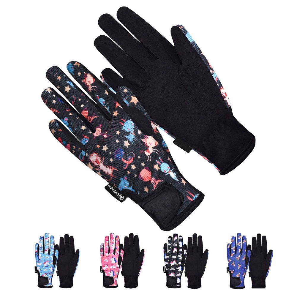 ChinFun Horse Riding Gloves Equestrian Gloves Kids for Boys Girls Horseback Grip Gloves Youth Children Rider Mitts Riding Sports Outdoor Bike Gardening Cycling Running Cartoon Animals Black Size L