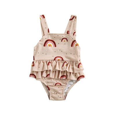 Toddler Baby Girls One Piece Swimsuit Rainbow Cami Backless Ruffle Bathing Suits Beach Swimwear (18-24 Months,Apricot Rainbow)