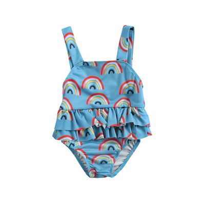 Toddler Baby Girls One Piece Swimsuit Rainbow Cami Backless Ruffle Bathing Suits Beach Swimwear (0-6 Months,Blue Rainbow)