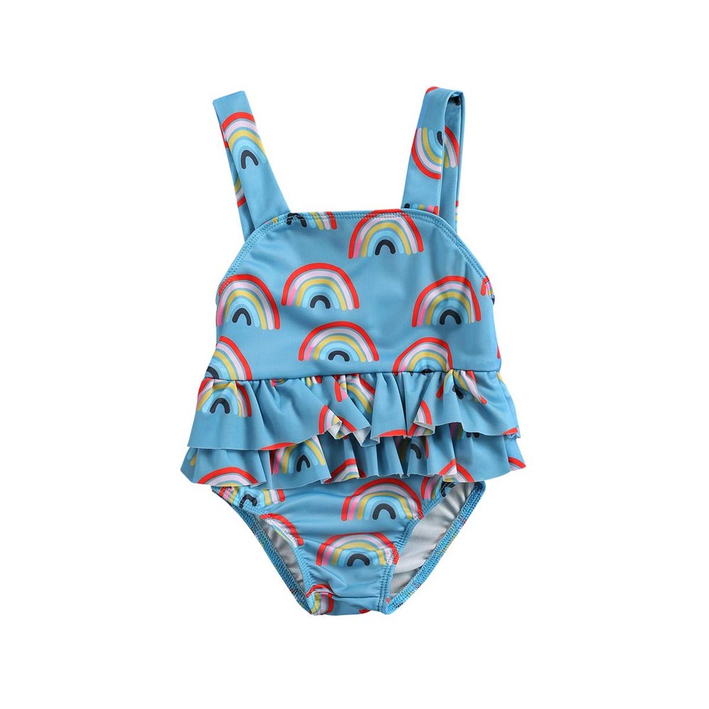 Toddler Baby Girls One Piece Swimsuit Rainbow Cami Backless Ruffle Bathing Suits Beach Swimwear (18-24 Months,Blue Rainbow)