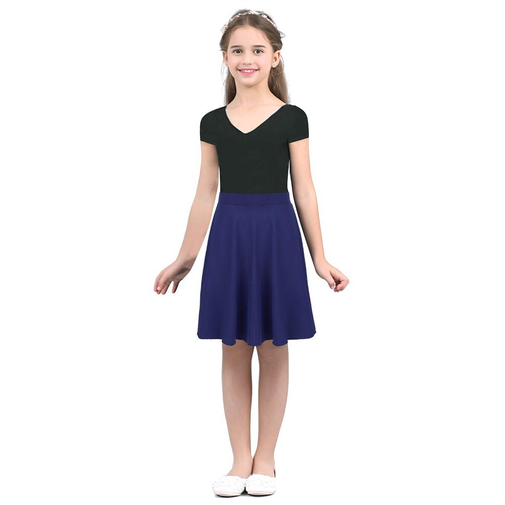 Loyan Kids Girls Solid Color Knee Length A-line Pleated Skirt School Uniform Daily Wear Navy_Blue 6