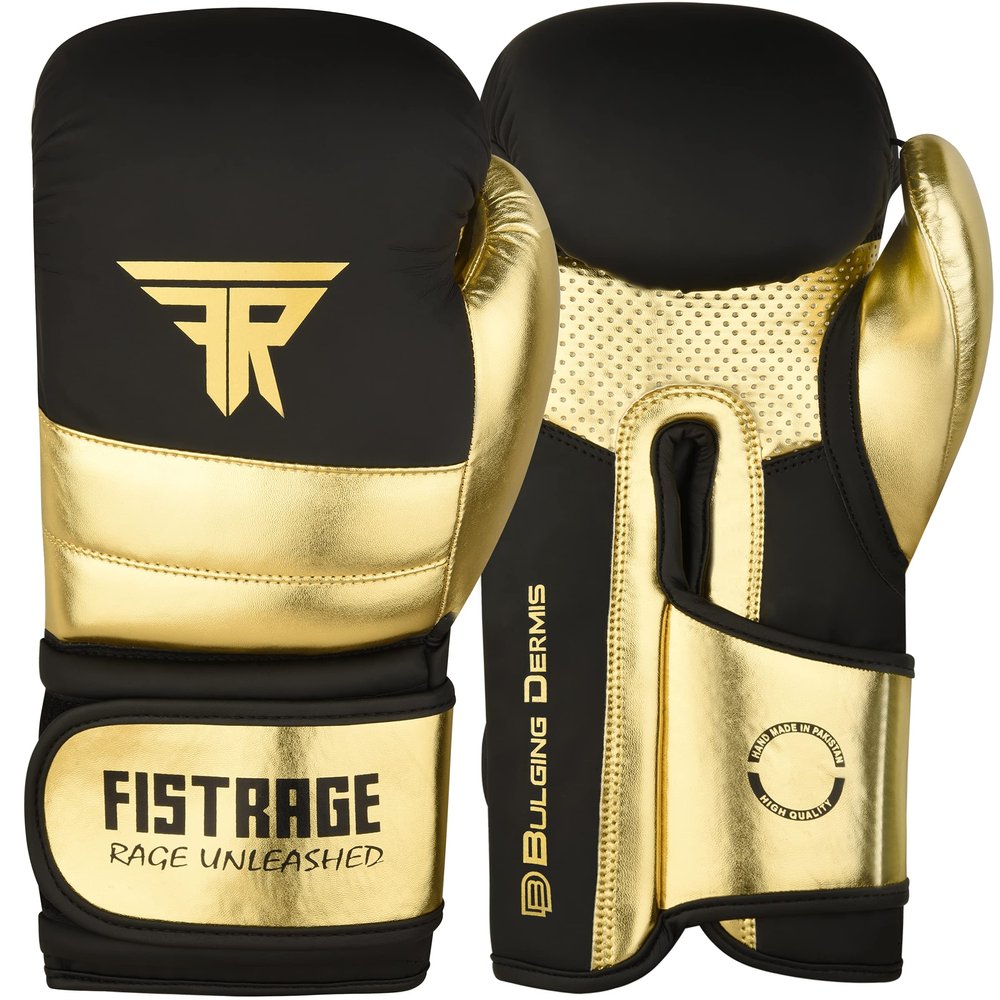 FISTRAGE Boxing Gloves Metallic Leather MMA Training Muay Thai Kick Boxing Sparring Heavy Bag Workout Glove Mitts for Men & Women (Golden-Black, 12 OZ)