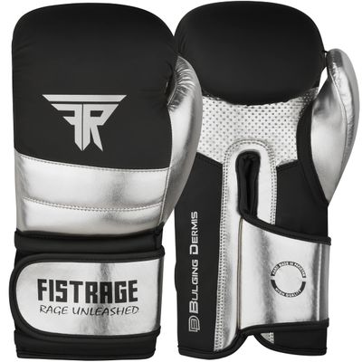 FISTRAGE Boxing Gloves Metallic Leather MMA Training Muay Thai Kick Boxing Sparring Heavy Bag Workout Glove Mitts for Men & Women (Silver-Black, 14 OZ)