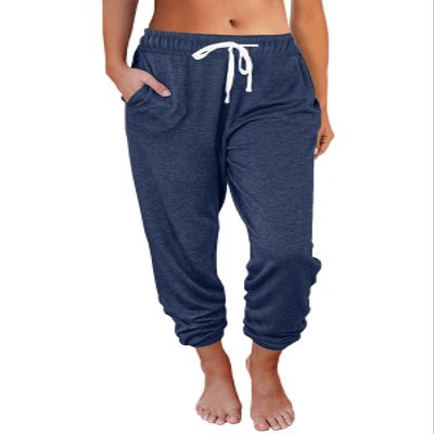 AUTOMET Womens High-Waisted Sweatpants with Pockets, Loose Lounge & Pajama Pants for Fall, Winter, Spring Yoga Travel Navy Blue L