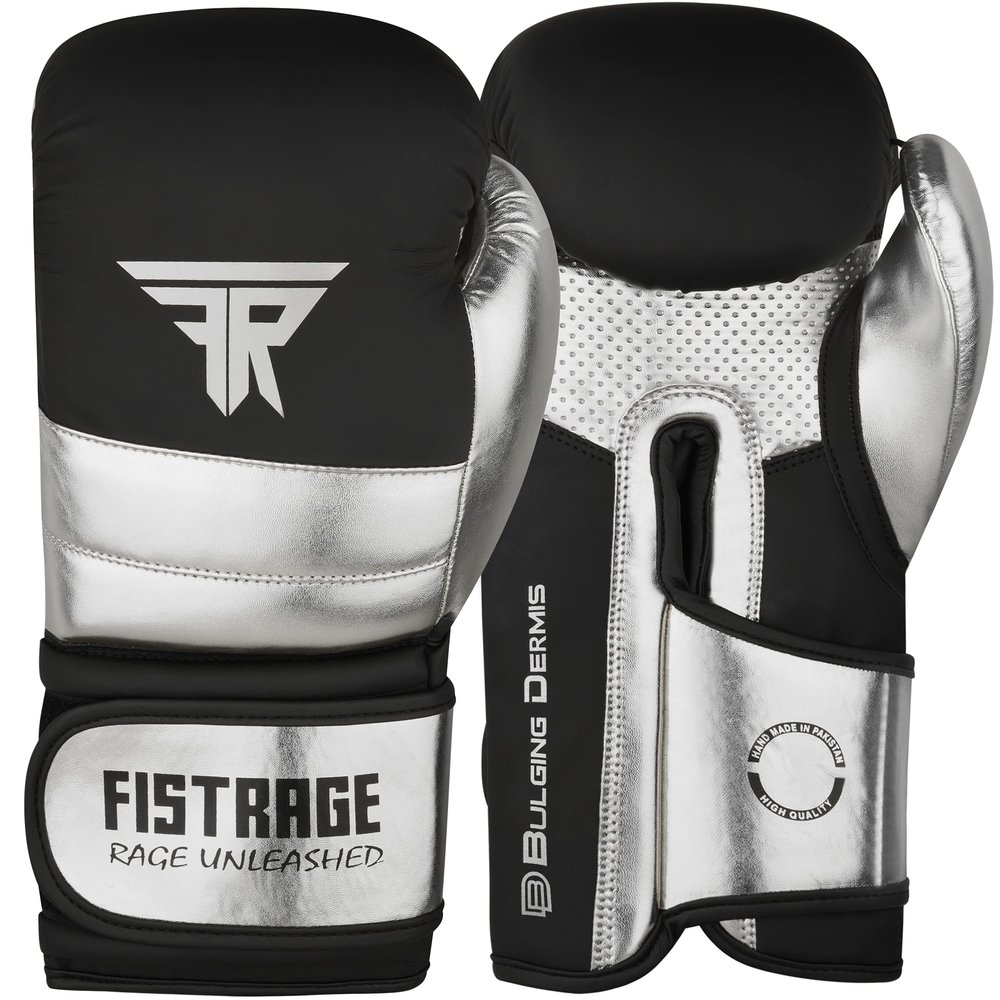 FISTRAGE Boxing Gloves Metallic Leather MMA Training Muay Thai Kick Boxing Sparring Heavy Bag Workout Glove Mitts for Men & Women (Silver-Black, 10 OZ)