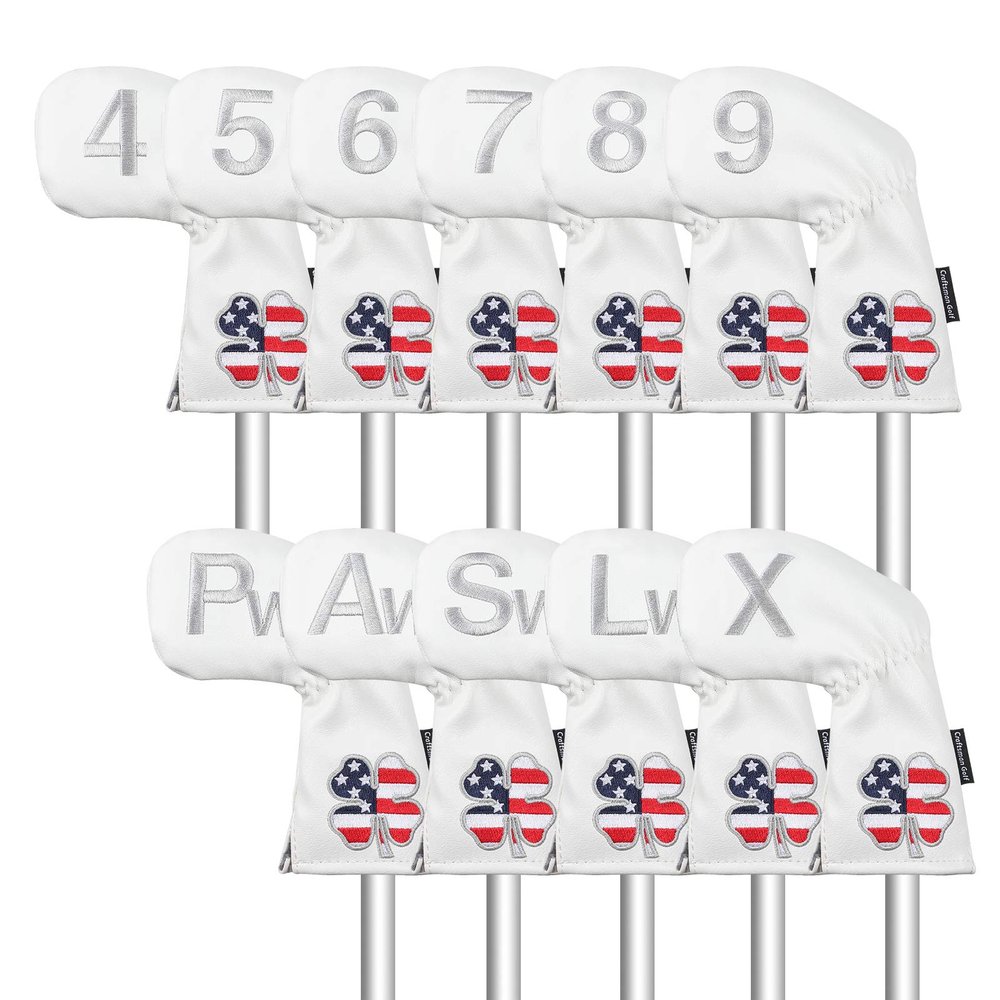 Craftsman Golf White 11pcs /Set USA US Flag Clover Leather Golf Club Iron Covers Headcover