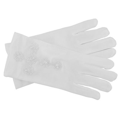 White First Communion Gloves | Elegant Formal Gloves for Girls | Lace Cross Applique with Pearl-Style Beads | Soft Stretchy Fabric - Nylon and Spandex | Available in Three Sizes (0-3 Y)